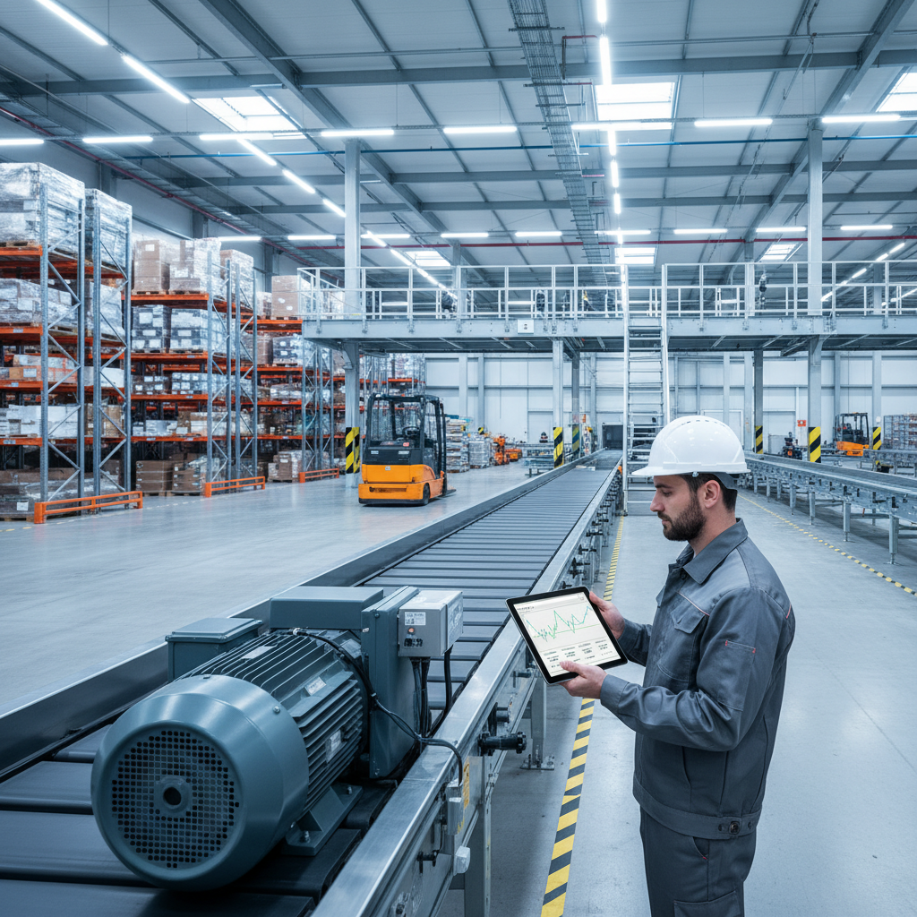 A maintenance engineer in a Benelux warehouse analyzing predictive maintenance data on a tablet connected to a conveyor system motor sensor.