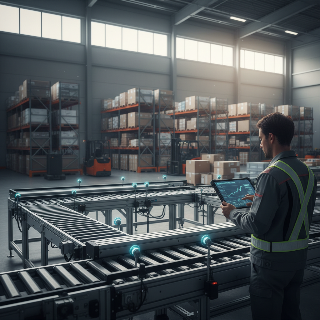 Technician analyzing predictive maintenance data on a tablet next to a conveyor system in a modern warehouse.