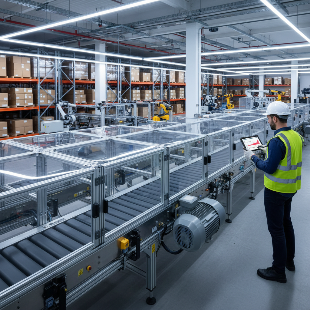 Een onderhoudsmonteur analyseert voorspellende onderhoudsgegevens op een tablet naast een modern transportbandsysteem in