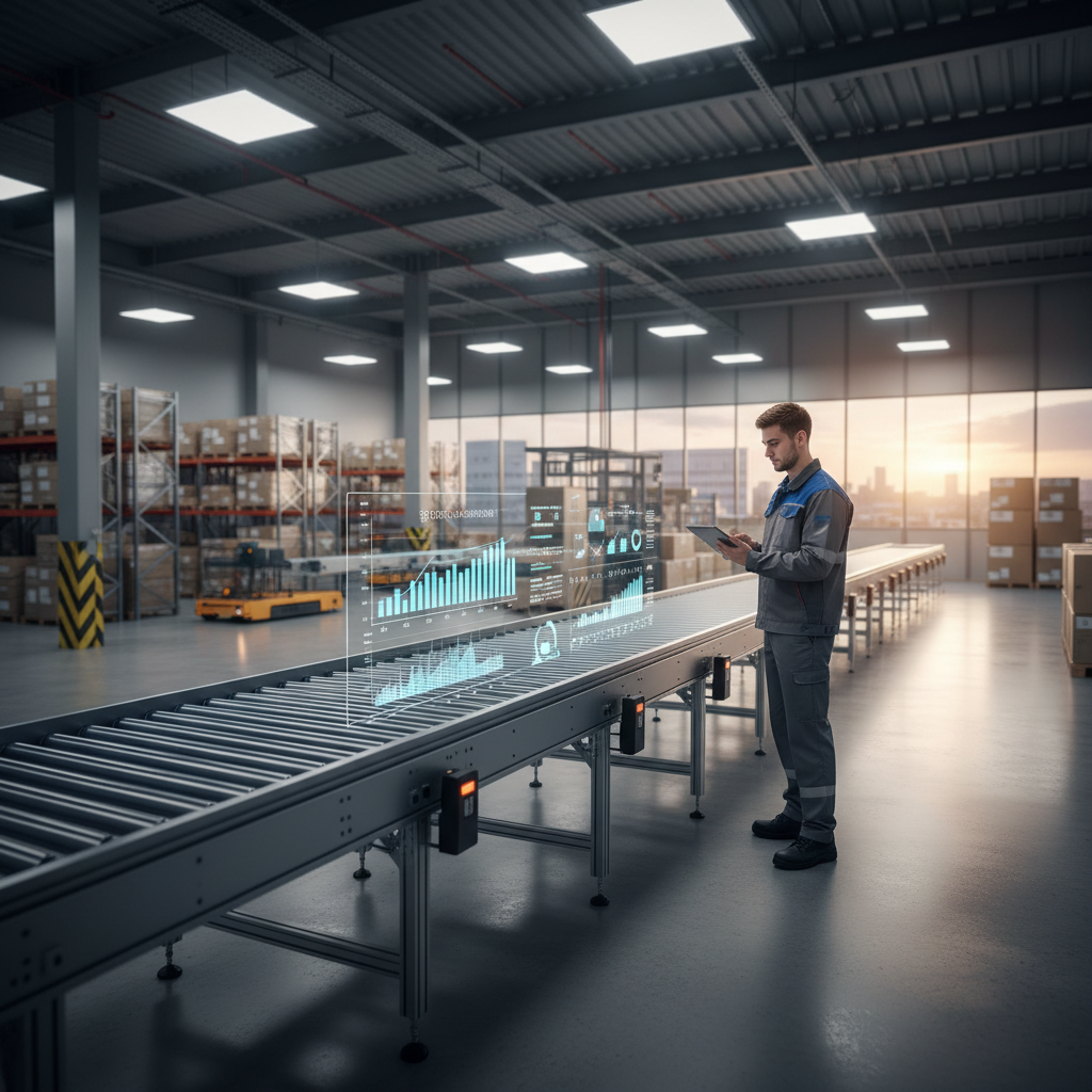 Engineer using a tablet with predictive maintenance software to analyze the health of a modern roller conveyor system in a European logistics center.