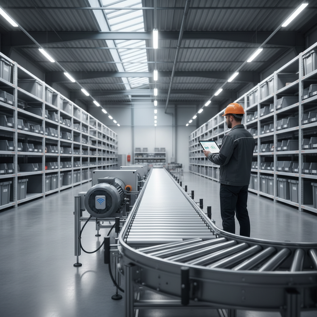 A maintenance engineer analyzes predictive maintenance data on a tablet next to a modern warehouse conveyor system, illustrating the use of technology to prevent downtime.