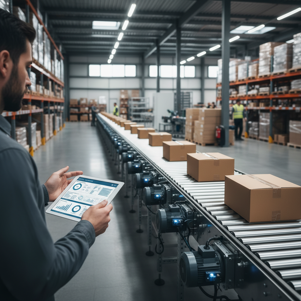 Technician analyzing predictive maintenance data from IoT sensors on a roller conveyor system in a modern European warehouse.