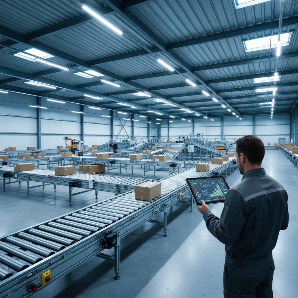 A maintenance engineer analyzing predictive maintenance data on a tablet in front of a modern conveyor belt system in a European warehouse.