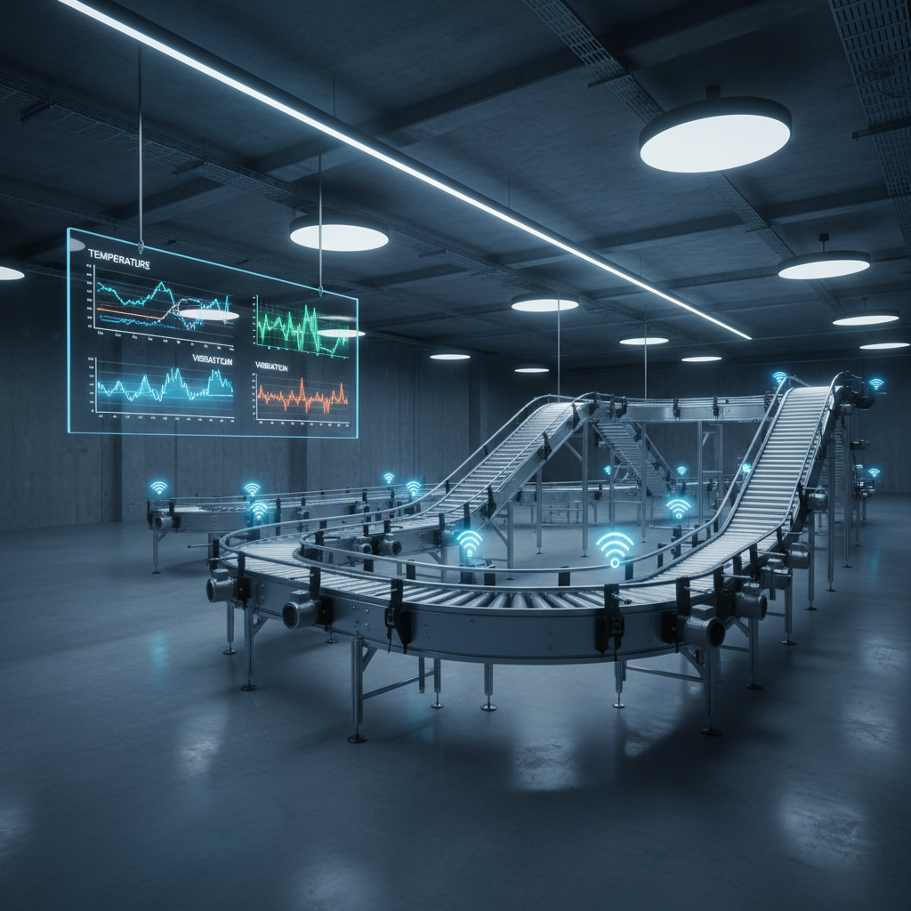 A modern conveyor system in a European distribution center, equipped with IIoT sensors for predictive maintenance data collection.