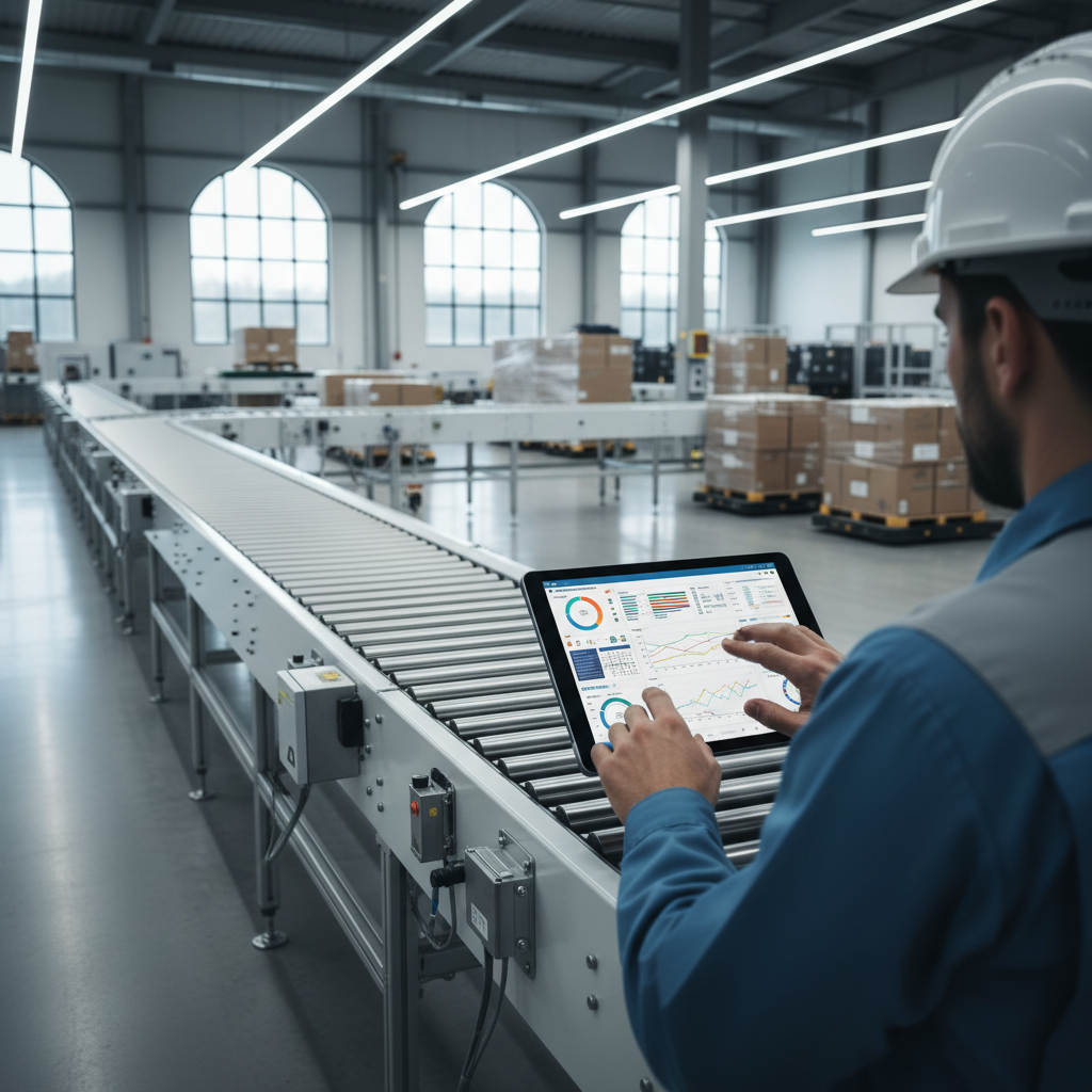 A maintenance engineer analyzes predictive maintenance data on a tablet in front of a modern roller conveyor system in a Benelux warehouse.