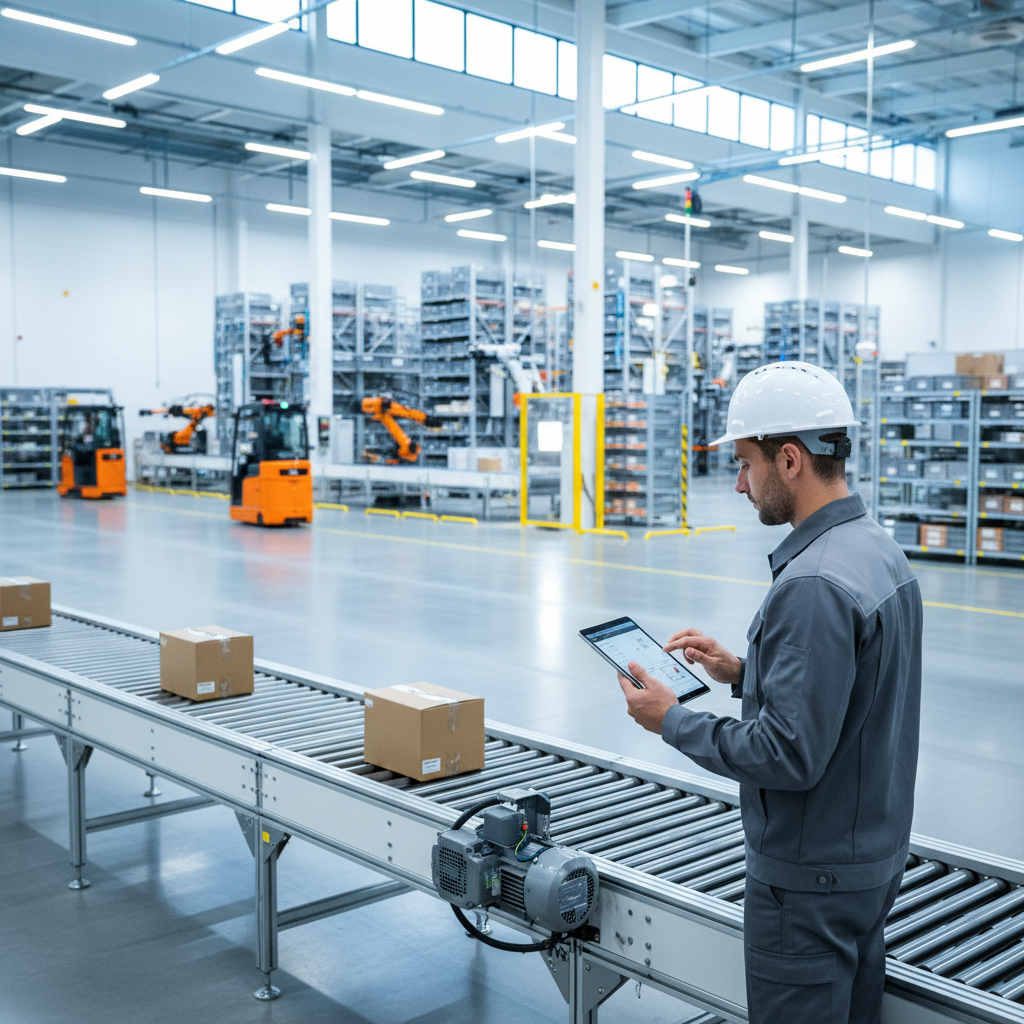 A technician performing predictive maintenance on a conveyor belt motor in a modern European warehouse, using a tablet to analyse sensor data.