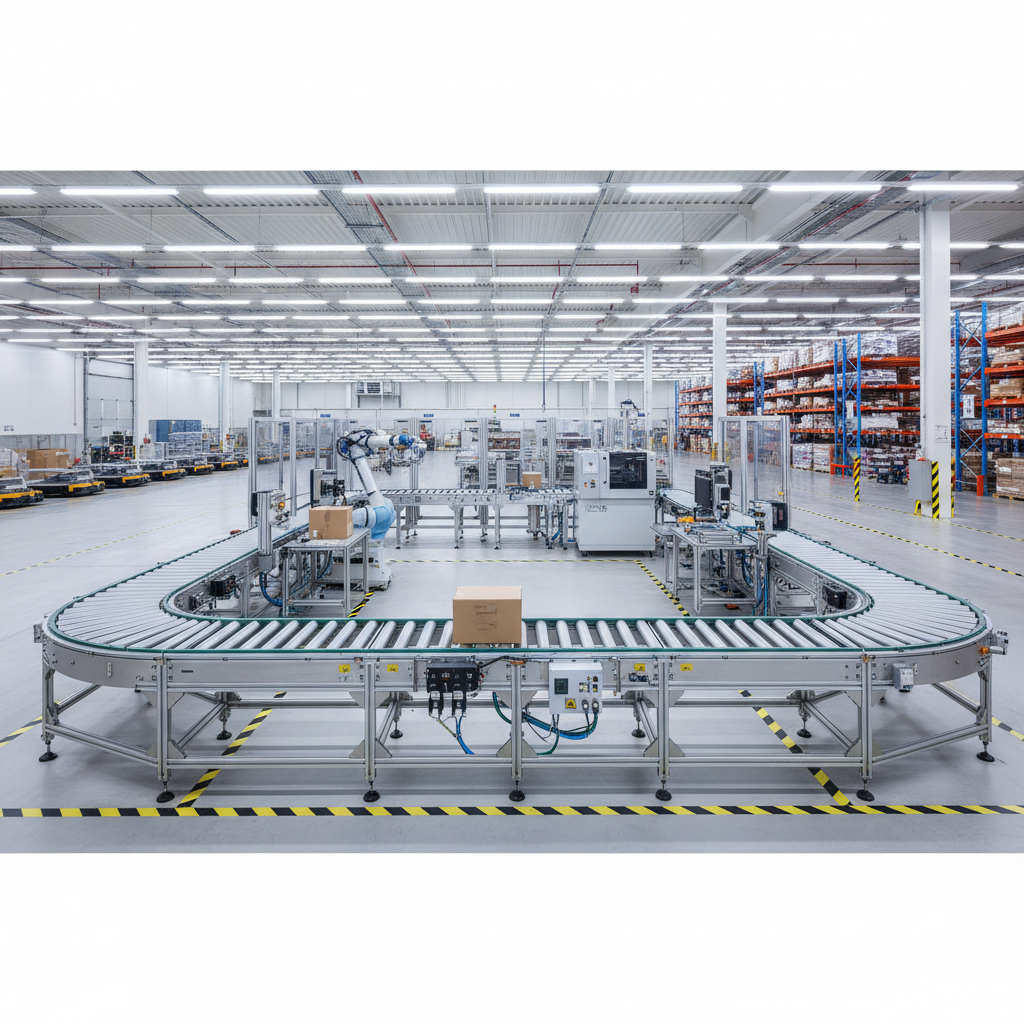 A modular roller conveyor system configured in a flexible Q-cell within a modern Benelux manufacturing plant.