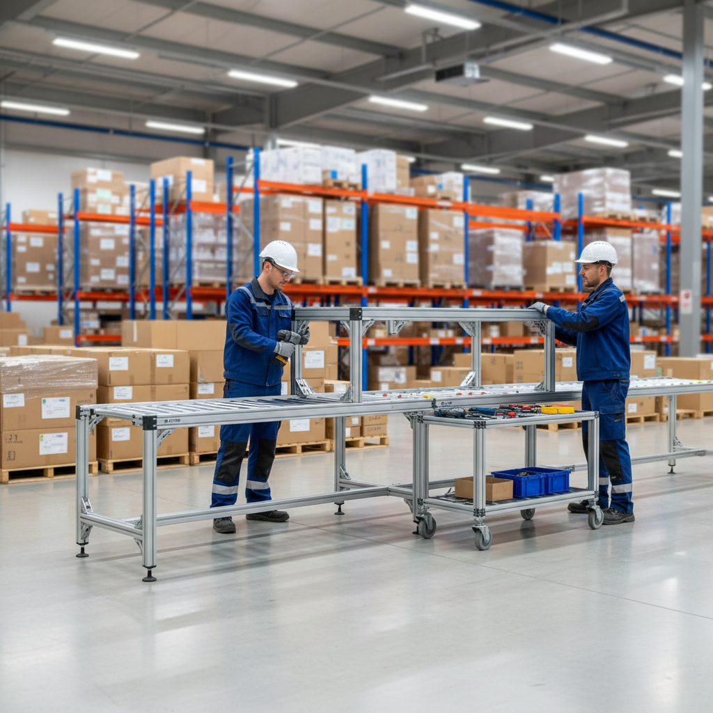 Engineers assembling a modular quick-install roller conveyor in a modern Benelux warehouse.