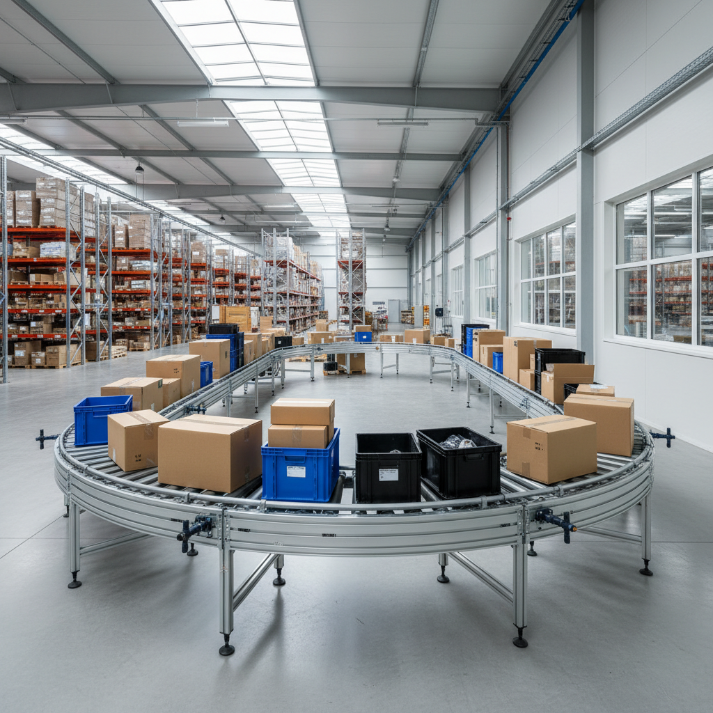 A modular flexible conveyor system with both roller and belt sections, handling various package sizes in a modern European warehouse.