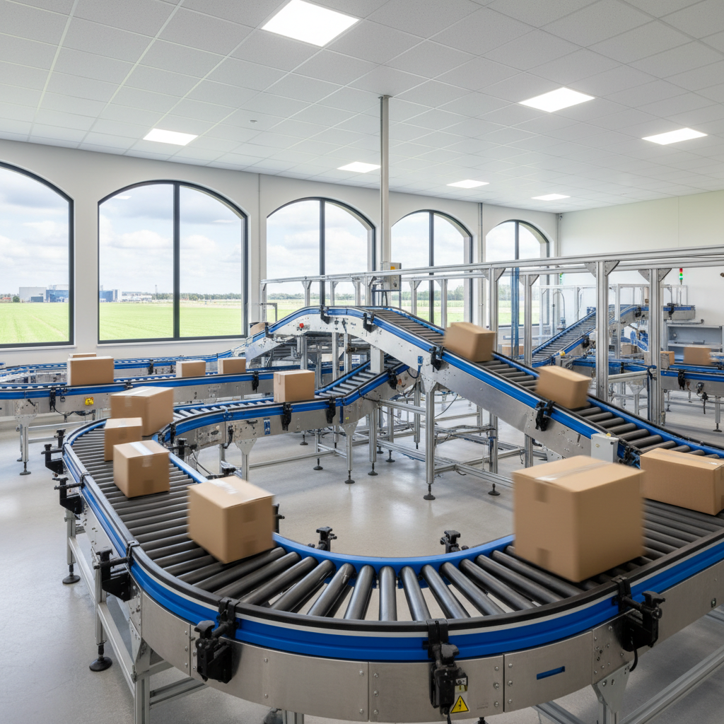 A modular smart conveyor system efficiently sorts various package sizes in a modern Benelux warehouse, demonstrating Quick Response Manufacturing principles.