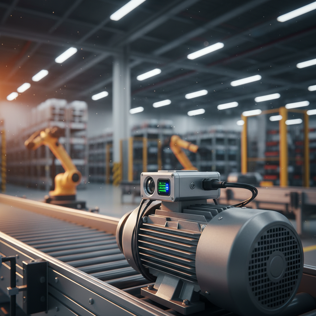 Close-up van een IIoT-sensor voor conditiemonitoring op afstand, bevestigd aan een transportbandmotor in een modern maga
