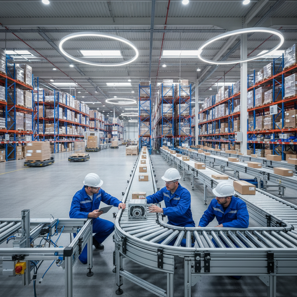 Engineers retrofitting a legacy conveyor system with modern motorized rollers in a bright Benelux warehouse.