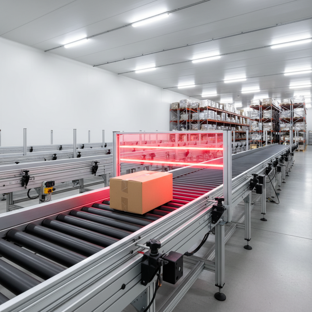 Advanced safety light curtain sensor protecting the operational zone of a modern conveyor system in a Benelux warehouse.