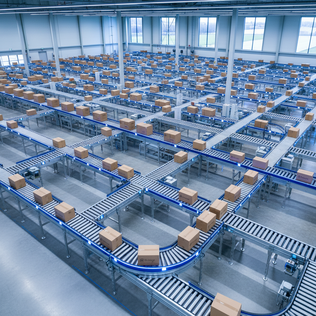 Een modern Benelux-magazijn dat Industrie 4.0 toont met slimme sensoren geïntegreerd in het complexe transportsysteem.