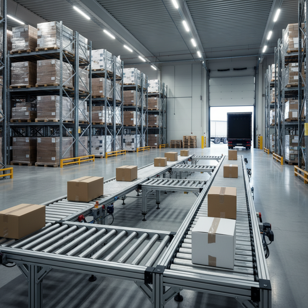 A modular roller conveyor system efficiently transporting packages through a modern Benelux distribution center, illustrating supply chain automation.
