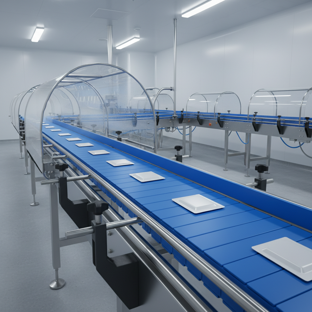 Een hypermodern hygiënisch transportsysteem met een blauwe band in een Belgische farmaceutische productiefaciliteit.