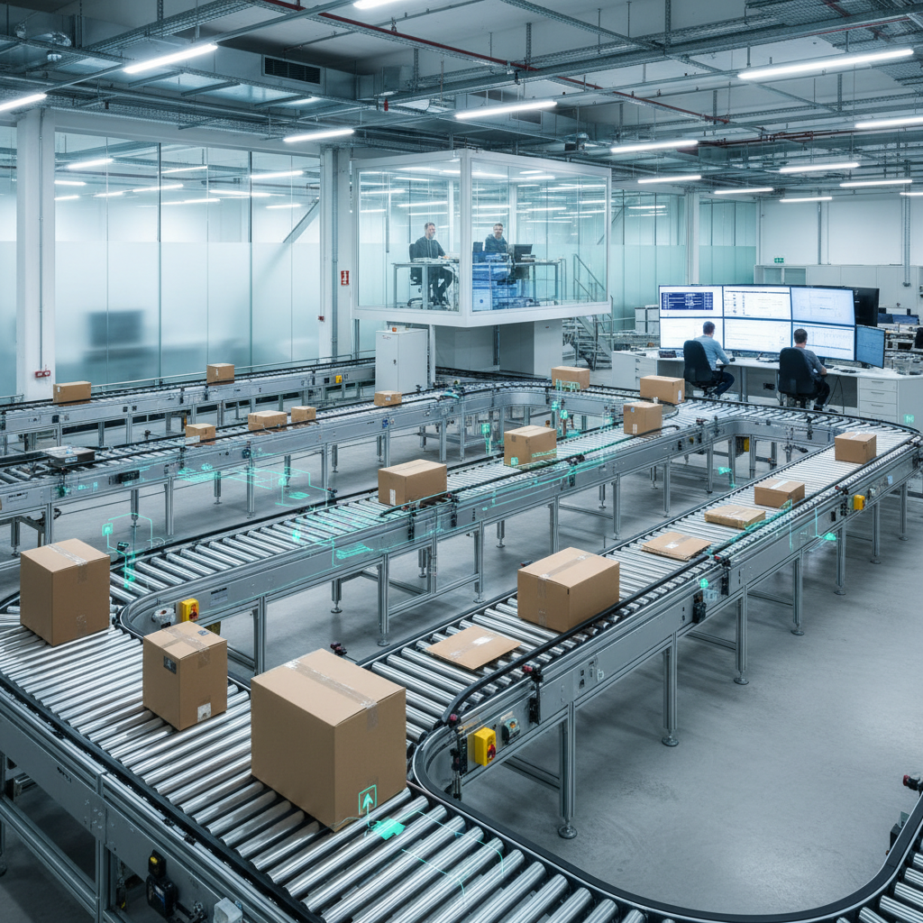 Een AI-verbeterd transportsysteem in een modern Benelux distributiecentrum, dat efficiënte sortering van pakketten toont