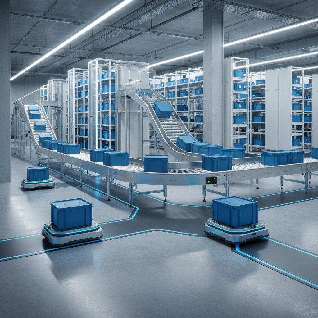 An integrated warehouse automation system with AI robots (AMRs) and modular conveyors working together in a modern Benelux distribution center.