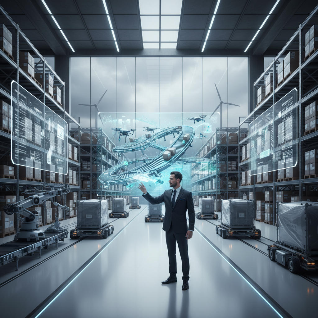 Logistiek manager in een modern Benelux-magazijn gebruikt een hologram van een digitale tweeling om een transportsysteem