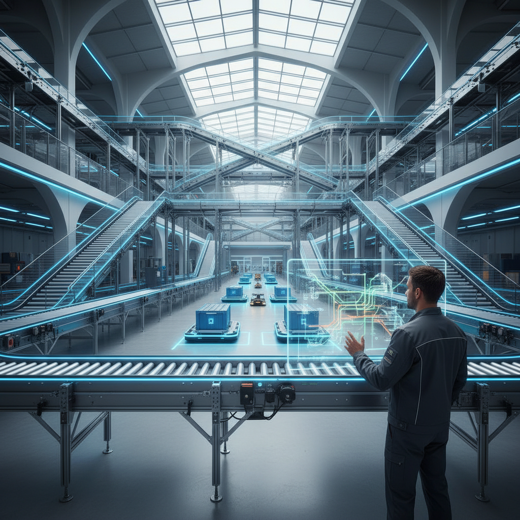 AI-optimized conveyor routes displayed on a digital twin screen in a modern European distribution center.