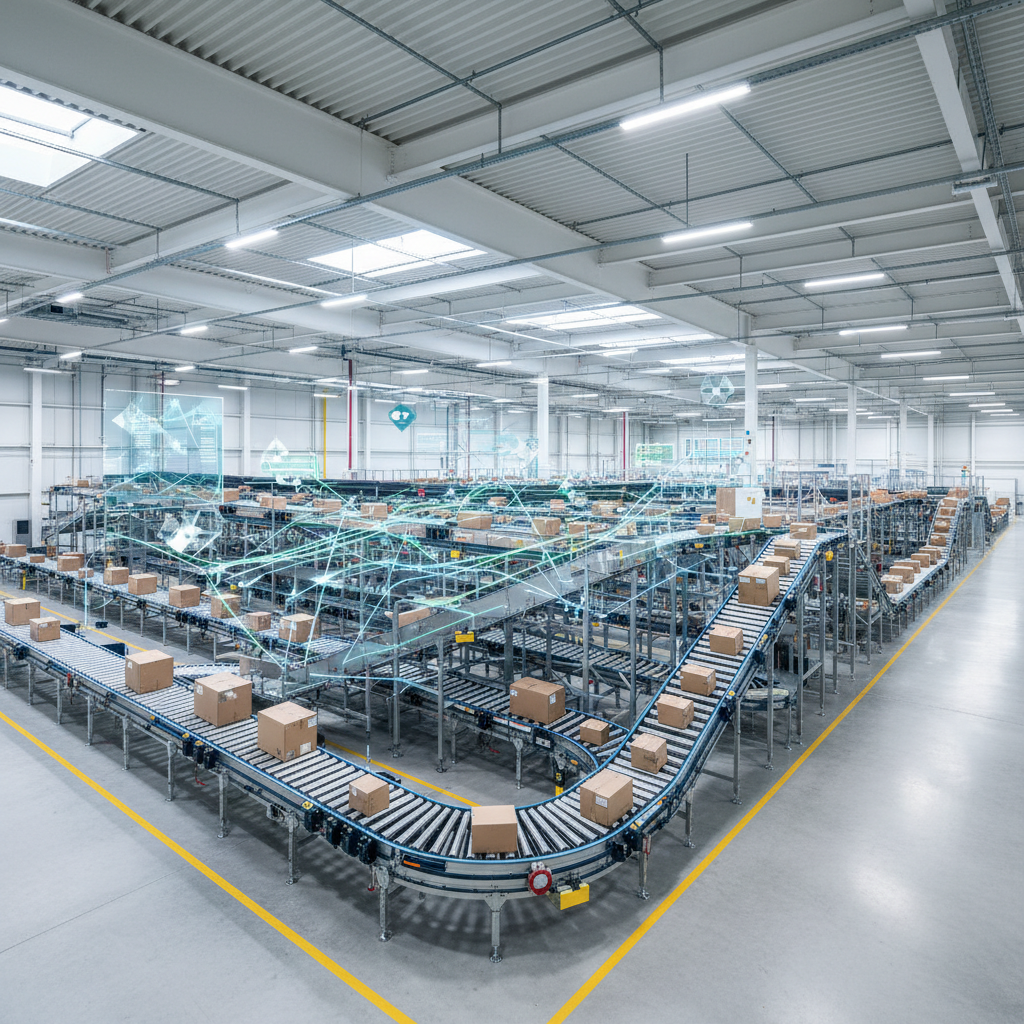 AI-gestuurde data visualisaties die optimale paden tonen op een modern transportband sorteersysteem in een Europees maga