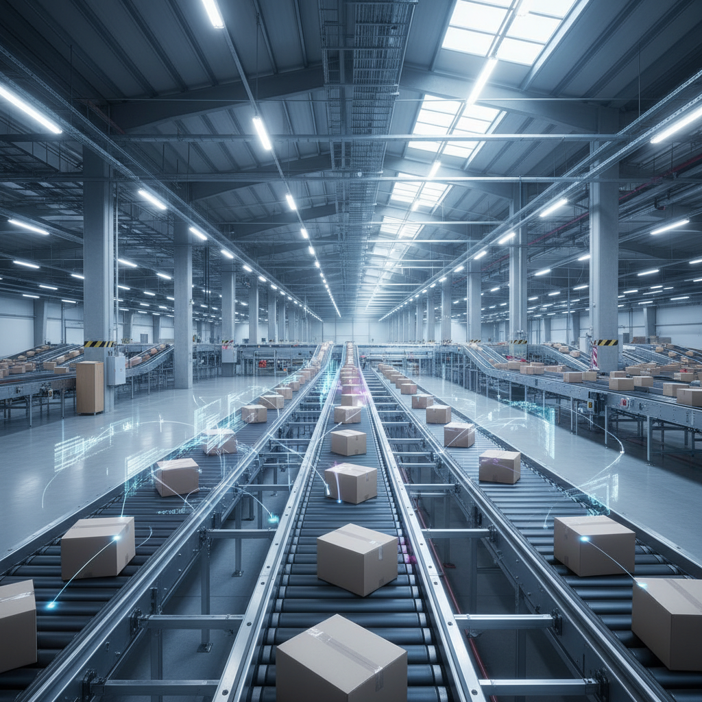Een modern AI-geoptimaliseerd transportbandsysteem in een Benelux-magazijn, met efficiënte pakketstroom en gegevensvirtu