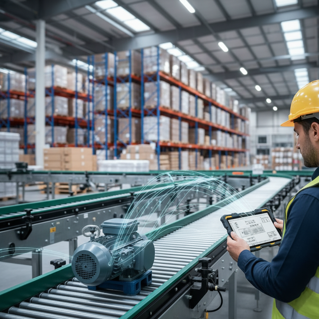 Engineer reviews AI predictive maintenance data on a tablet next to a conveyor system motor in a modern Benelux warehouse.