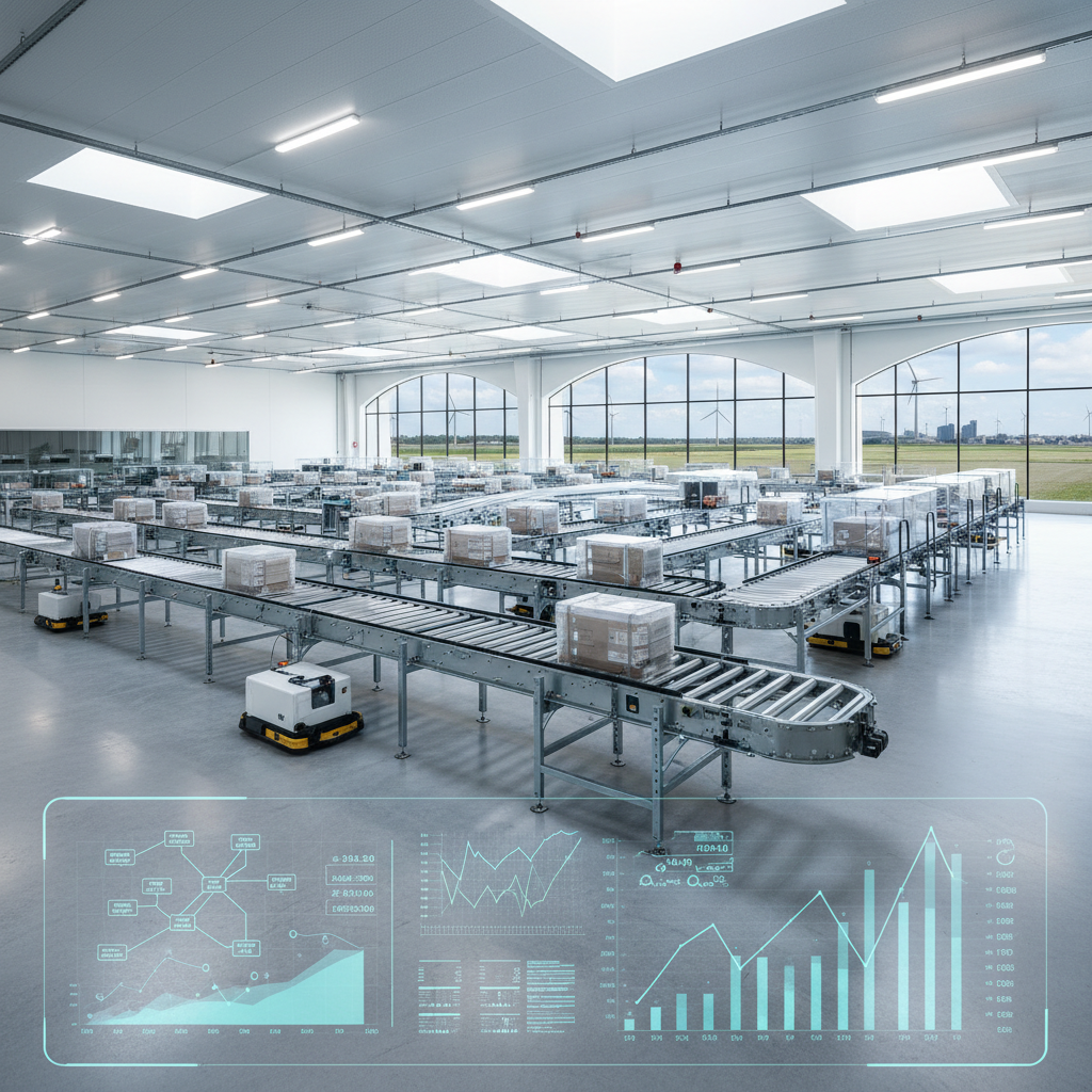 Een AI-gestuurd Warehouse Control System dat een complex transportbandnetwerk in een modern Benelux distributiecentrum b
