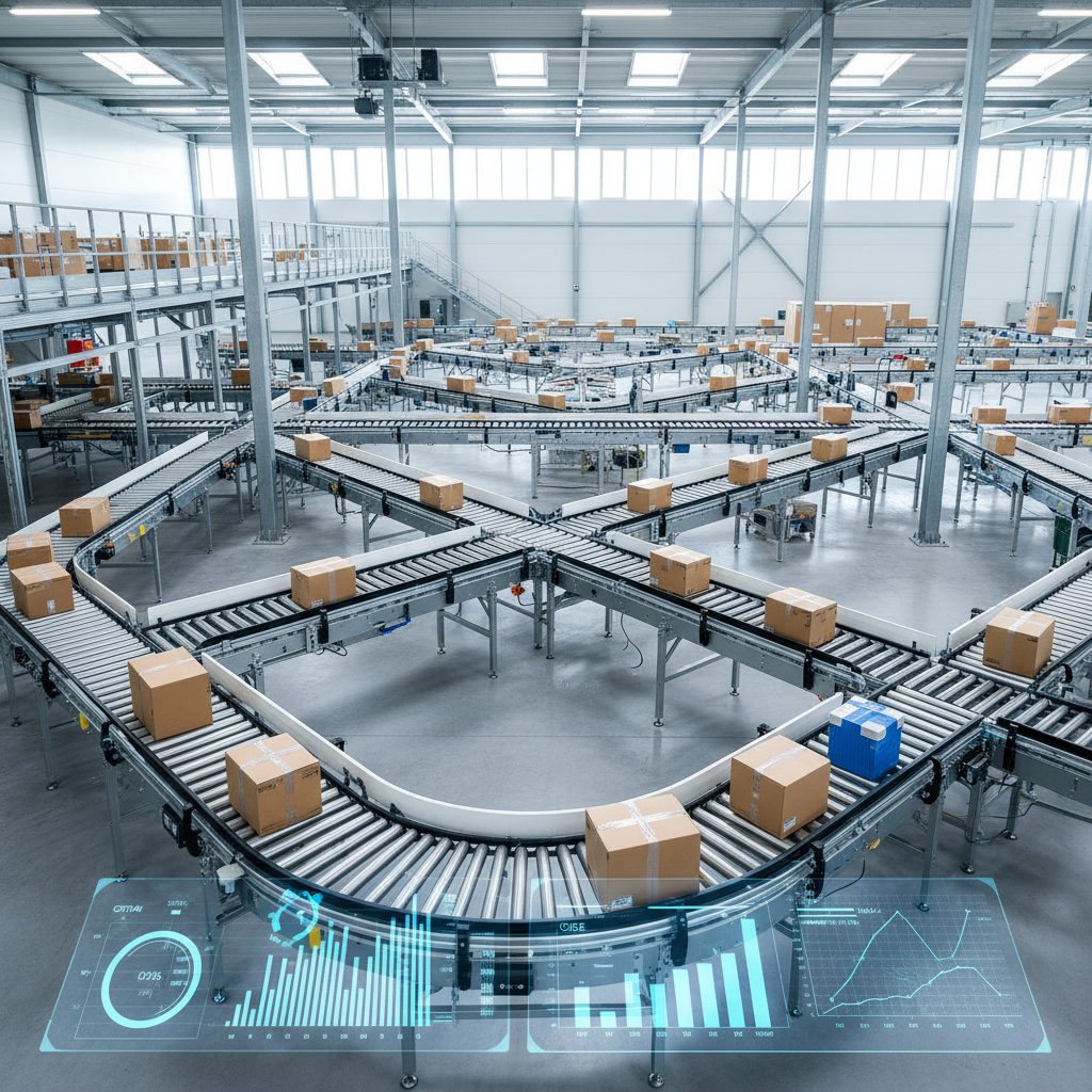 A modern European warehouse with an intricate conveyor system, overlaid with data analytics graphs showing throughput optimization.