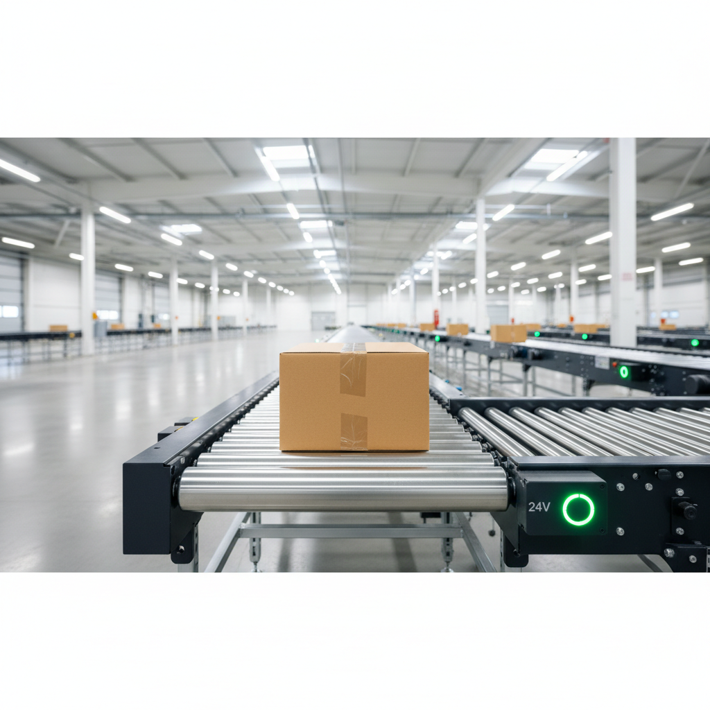 Een modern MDR-rollenbaansysteem in een Benelux-magazijn, dat de energie-efficiënte run-on-demand-werking toont.