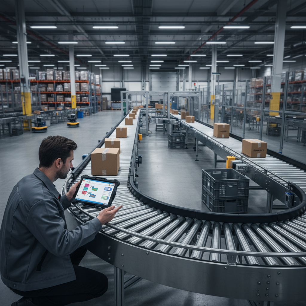 Ein Ingenieur konfiguriert ein modulares Fördersystem in einem modernen Benelux-Lager mit einer Low-Code-Anwendung auf e