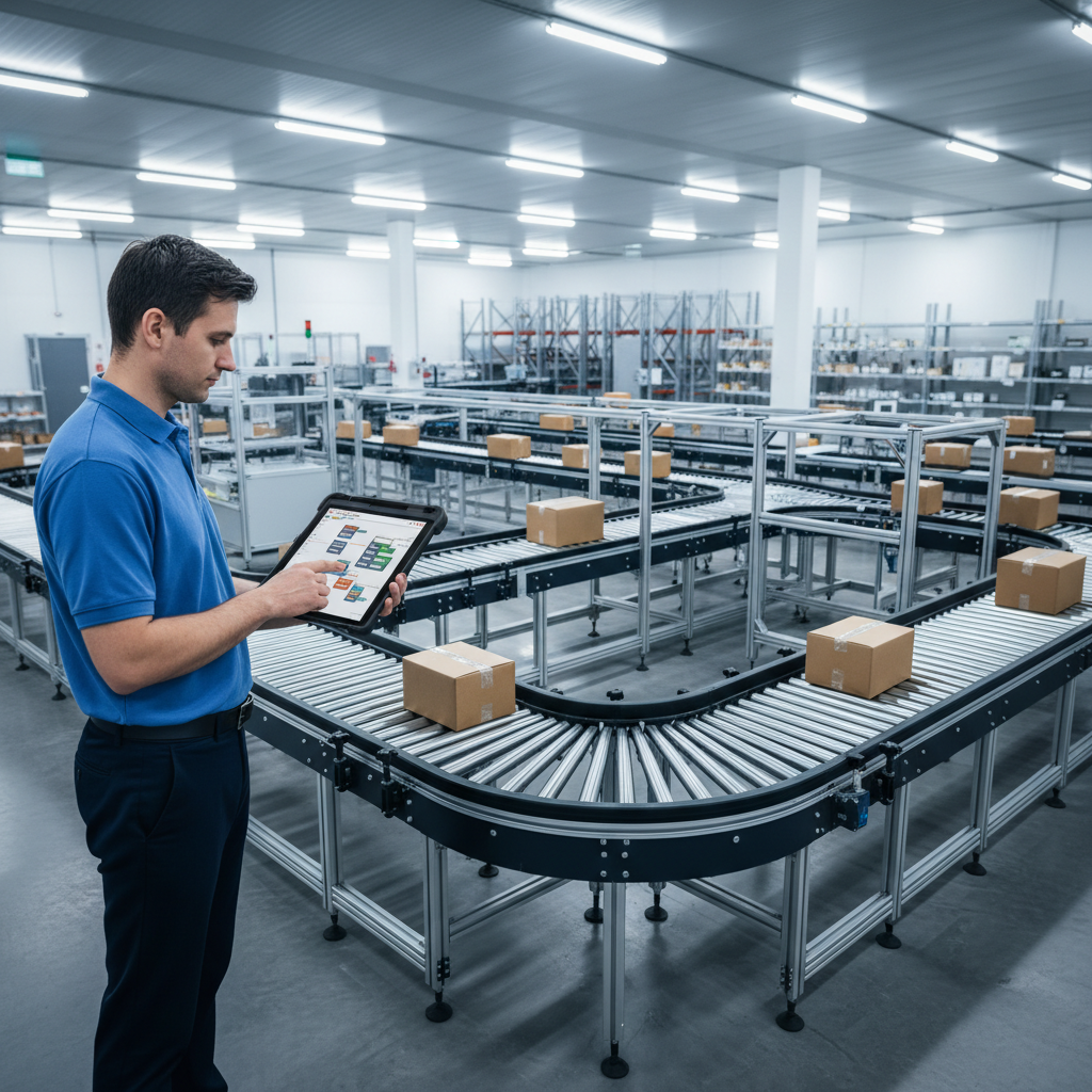 Ein Ingenieur verwendet ein Tablet mit einer Low-Code-Oberfläche, um ein modulares Fördersystem in einem modernen Lager 