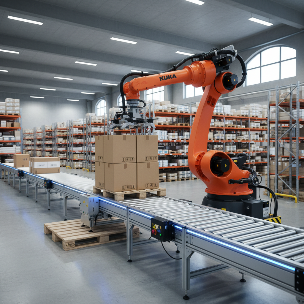 A six-axis robotic arm with a vacuum gripper automatically loading cardboard boxes onto an automated conveyor system in a modern warehouse.