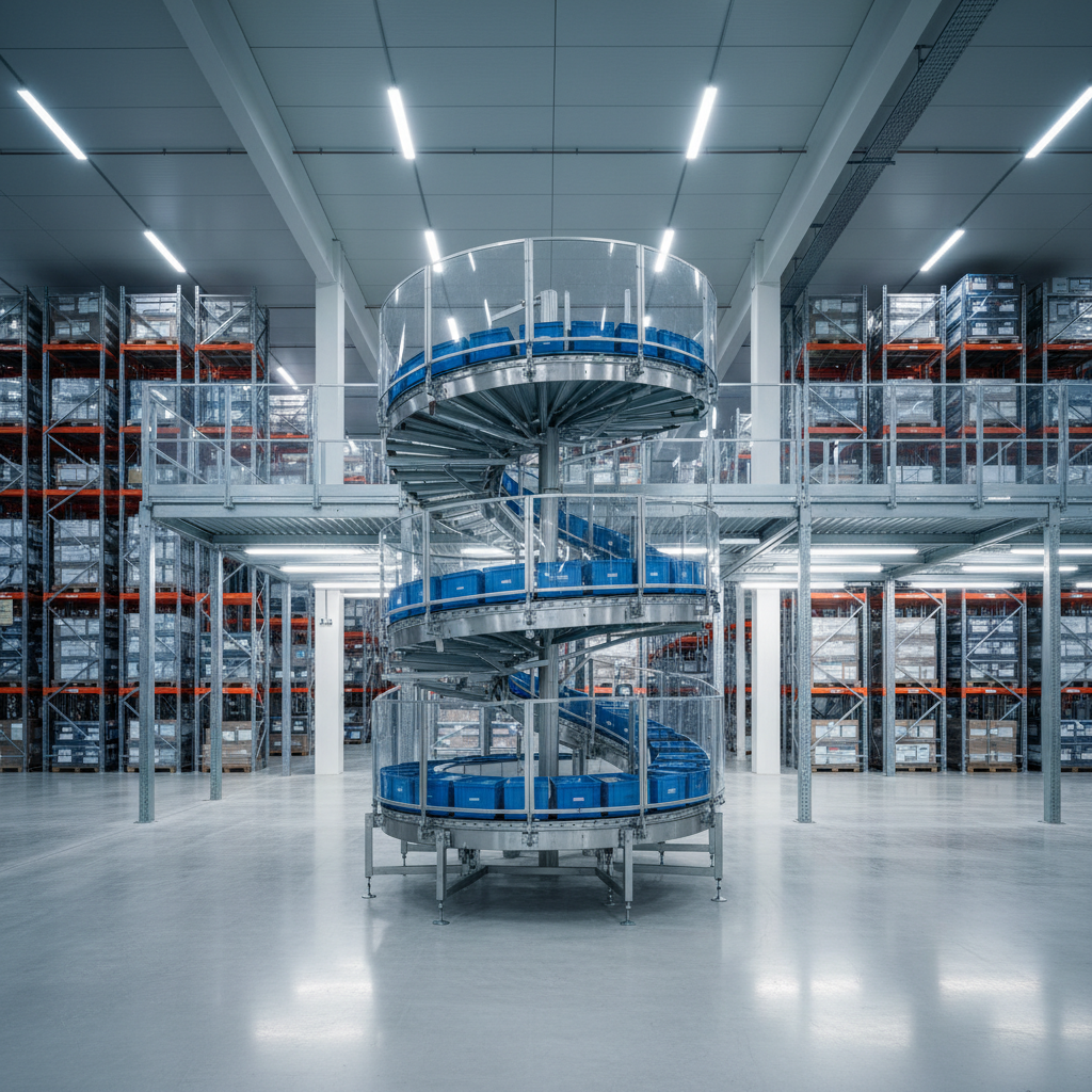 A spiral vertical conveyor system efficiently transporting blue totes to a mezzanine level in a modern Benelux distribution center.