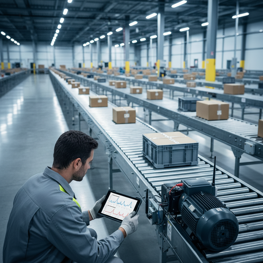 Onderhoudsingenieur analyseert data van een voorspellende onderhoudssensor op een transportbandsysteem in een magazijn i