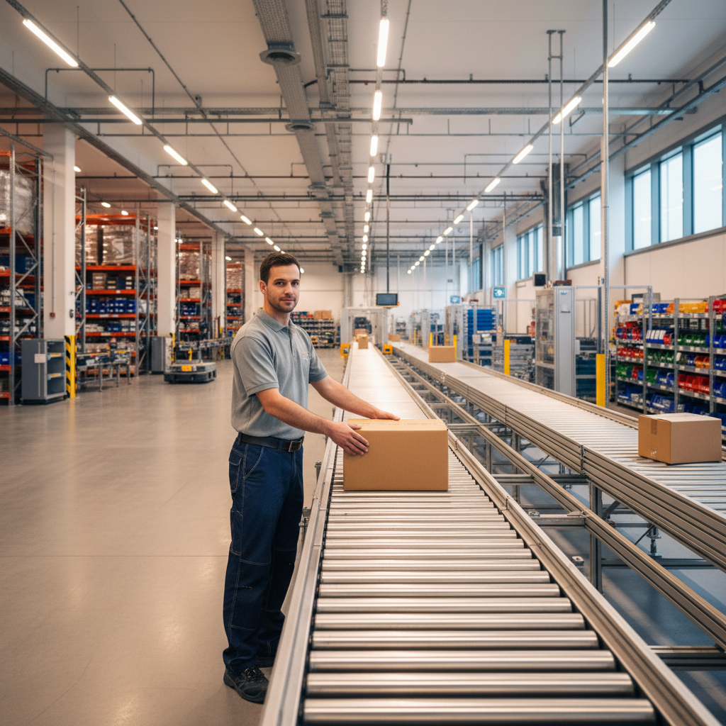 Warehouse operator working comfortably at an ergonomic height roller conveyor in a modern European distribution center, demonstrating workplace safety.