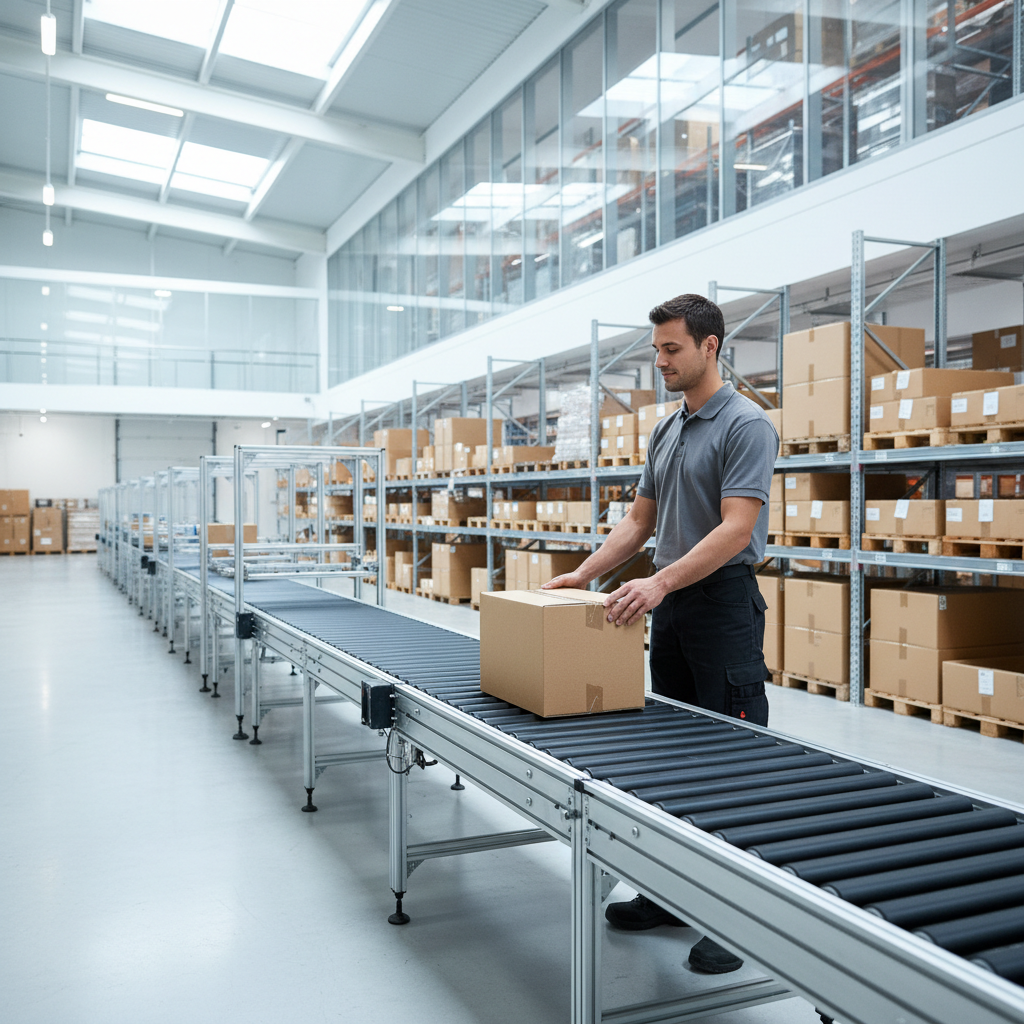 Worker ergonomically placing a package on a modern conveyor system in a bright Benelux distribution center.