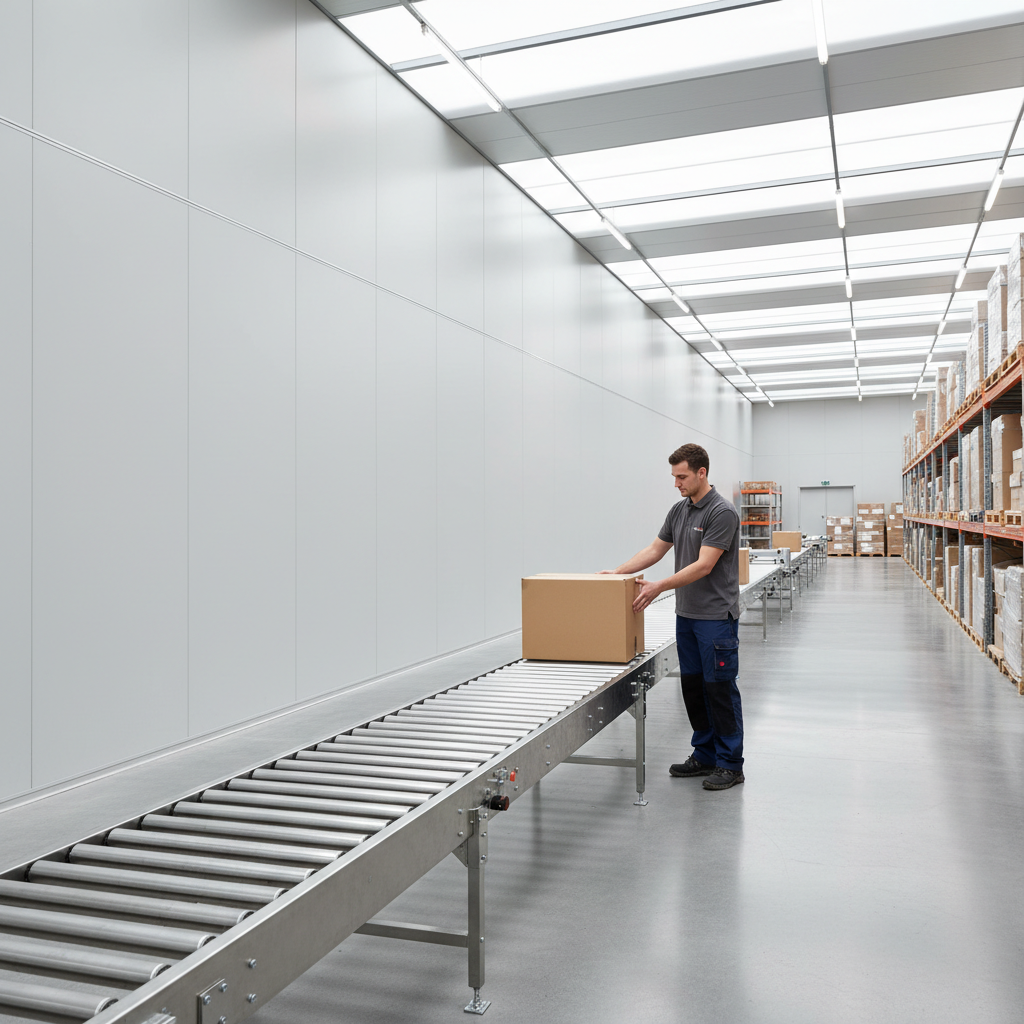 Worker ergonomically sliding a package onto a roller conveyor system in a bright, modern warehouse.