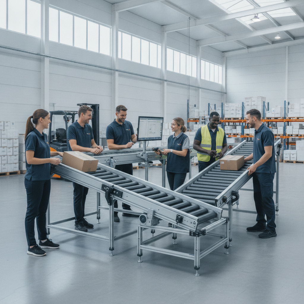 Arbeiter in einem modernen europäischen Lager, die ein ergonomisches, höhenverstellbares Fördersystem nutzen, das einen 