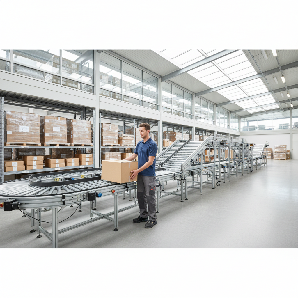 Ein Lagermitarbeiter platziert ein Paket auf einem ergonomischen Fördersystem, was eine reduzierte körperliche Belastung