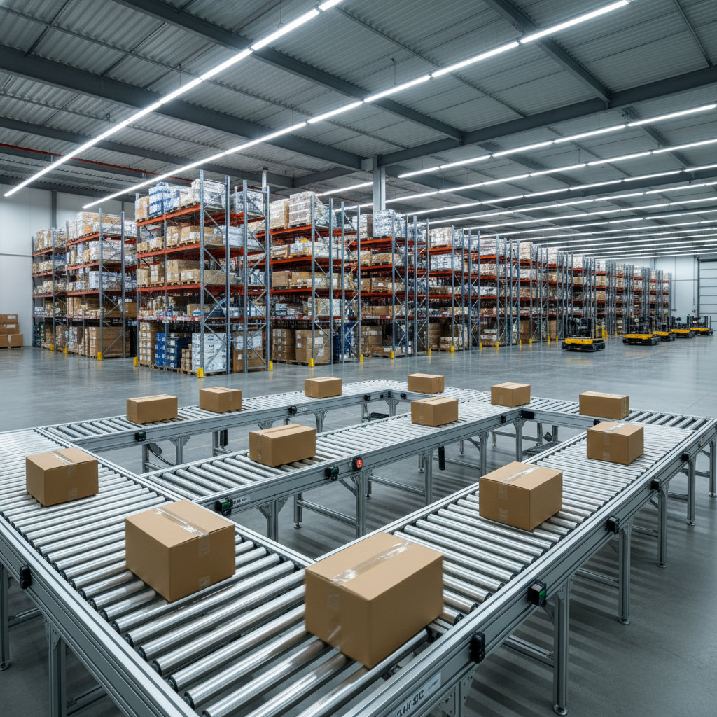 Modern 24V DC electric roller conveyor system in a clean Benelux distribution center.