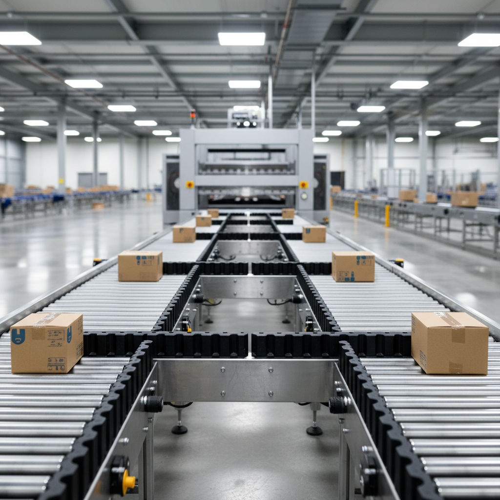 A zero-pressure accumulation conveyor system with packages spaced perfectly in a modern Benelux warehouse, showcasing damage-free handling.